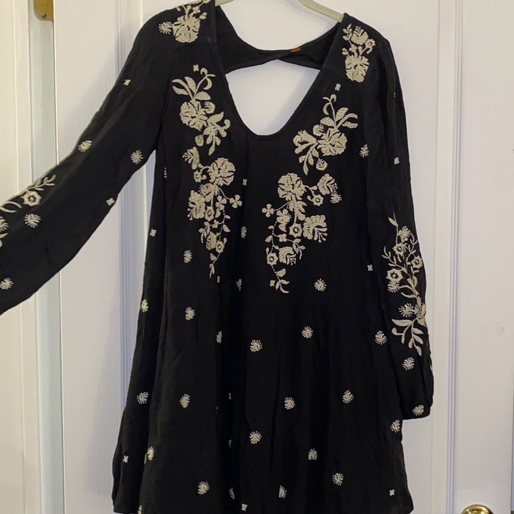 Free People Black Embroidered Tunic with Pockets
